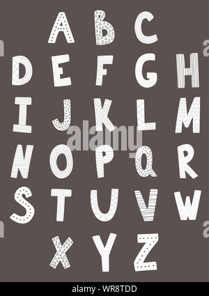 Vector image of the alphabet for children. White hand-drawn letters in scandinavian style. ABC illustration. Graphic font for typography, poster, card Stock Vector