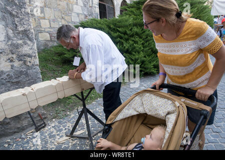Budapest, Hungary - Aug 20, 2019: Traditional woodworker using wooden mallet and chisel at the Festival of Folk Arts in the Buda Castle, Budapest Hung Stock Photo