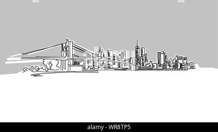NYC Brooklyn Bridge Panorama Skyline Vector Sketch. Hand Drawn Illustration on grey background. Stock Vector