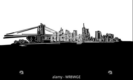 New York City Panorama Silhouette Drawing. Hand-drawn illustration in the form of a woodcut for digital and print projects. Stock Vector