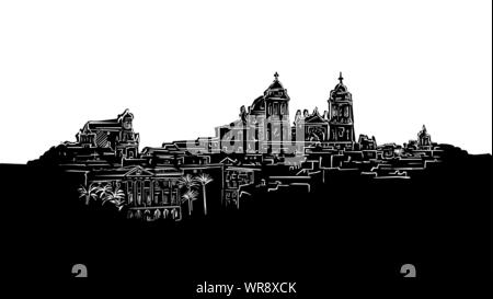 Cadiz, Andalusia, Panorama Silhouette Drawing. Hand-drawn illustration in the form of a woodcut for digital and print projects. Stock Vector
