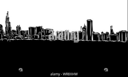 Chicago Skyline Panorama Silhouette. Hand-drawn illustration in the form of a woodcut for digital and print projects. Stock Vector