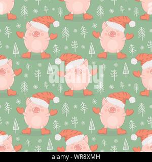 Seamless pattern of cute pigs in winter clothes, snowflakes and Christmas trees on an isolated green background. Vector illustration of a piggy for Ne Stock Vector