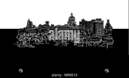 Havana, Cuba Panorama Silhouette Drawing. Hand-drawn illustration in the form of a woodcut for digital and print projects. Stock Vector