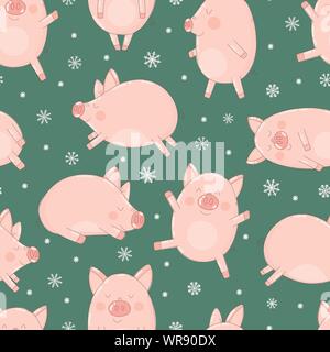 Seamless pattern of hand-drawn cute pigs and snowflakes on an isolated green background. Vector illustration of piglets for the New Year, prints, wrap Stock Vector