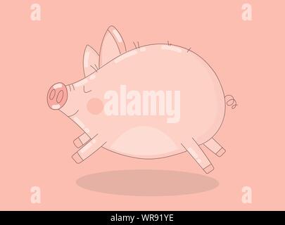 Vector image of a cute running pig on a pink background. Illustration for New Year, Christmas, prints, invitations, flyers, cards, children, clothes, Stock Vector