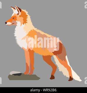 Vector of an orange fox (Vulpes Vulpes) with white fur on her chest, shaped from polygons, with tiny pointy hairs on her back, chest and tail, standin Stock Vector