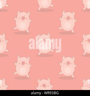 Seamless pattern of hand-drawn dancing pigs on an isolated pink background. Vector illustration of piglets for New Year, prints, wrapping paper, cards Stock Vector