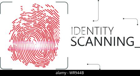 Generic red fingerprint scanned with a white beam. Abstract security control, privacy alert or passport/ID verification concept with the words 'Identi Stock Vector
