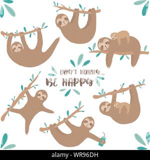 Vector set of cute sloths. Hand-drawn cartoon illustration of a sloth hanging on a branch for children, a tropical summer, holiday, greeting card, ban Stock Vector