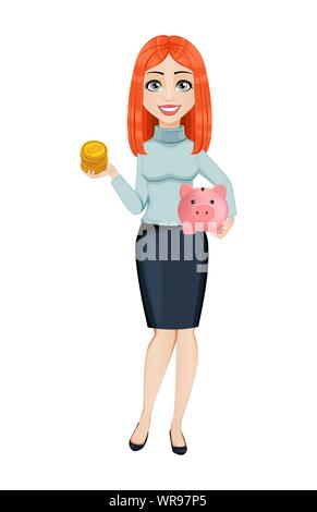 Young beautiful redhead business woman holding bitcoins and piggy bank. Cute businesswoman cartoon character. Vector illustration on white background Stock Vector
