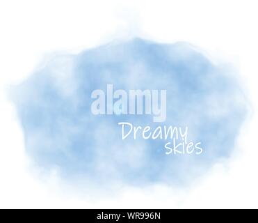 Light blue pastel watercolor splash background. Digital painting of a wet, abstract, puffy sky in blueish shades - 'Dreamy skies' words written on it. Stock Vector