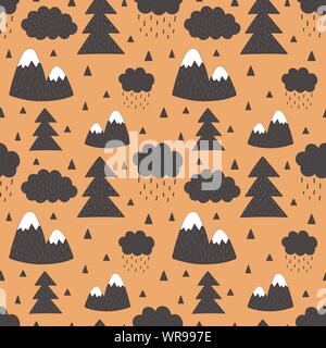 Seamless pattern of mountains, clouds, rain, christmas tree on the orange background. Vector scandinavian children illustration. For banner, card, tex Stock Vector
