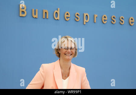 10 September 2019, Berlin: Anja Karliczek (CDU), Federal Minister of Education, takes part in the presentation of the OECD study 'Education at a Glance 2019' and answers questions from journalists before the Federal Press Conference. The study examines for all 36 OECD countries and 10 other countries what characterises their education systems, on what educational success depends and how promising individual and social investments in education are. Photo: Wolfgang Kumm/dpa Stock Photo