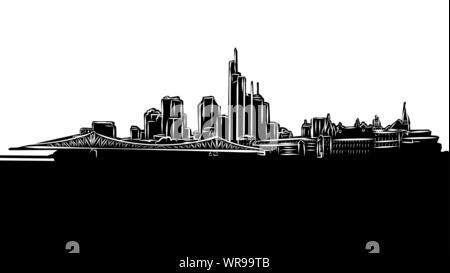 Frankfurt Panorama Silhouette Drawing. Hand-drawn illustration in the form of a woodcut for digital and print projects. Stock Vector