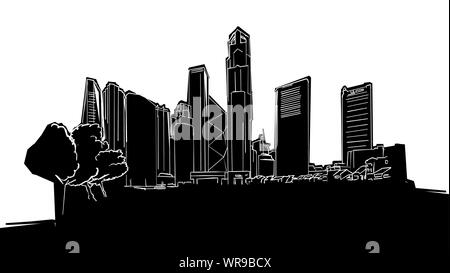 Singapore Republic Plaza Panorama Silhouette Drawing. Hand-drawn illustration in the form of a woodcut for digital and print projects. Stock Vector