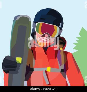 Low poly of woman skier smiling while holding her skis next to her, on simple background. Profile of female freerider in the mountains, constructed fr Stock Vector