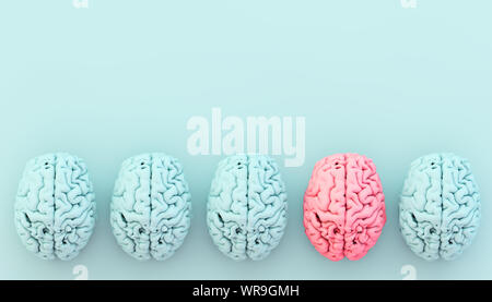 minimal blue brain collection with one pink. Different concept. 3d rendering. Stock Photo
