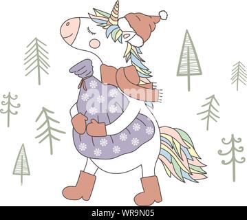 Cute cartoon unicorn in santa hat with gift, christmas ball, candy kane ...