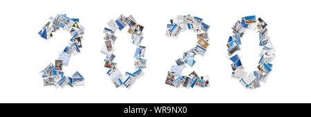 2020, snow and winter stack of photos isolated on panoramic white background Stock Photo