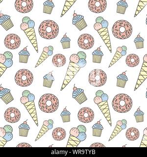 Seamless pattern of hand-drawn donut, ice cream, cupcake. Vector background image for holiday, baby shower, birthday, prints in the style of unicorns, Stock Vector