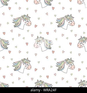 Seamless pattern of hand-drawn cartoons cute unicorns with hearts. Vector background image for holiday, baby shower, prints, wrapping paper, girl's bi Stock Vector