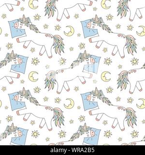 Seamless pattern of hand-drawn sleeping unicorns on a pillow with a moon and stars. Vector background image for prints for pajamas, textures, holidays Stock Vector