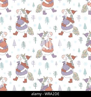 Seamless pattern of hand-drawn unicorn in a cap, boots and a scarf with a bag of gifts. Vector background image for winter holidays, christmas, wrappi Stock Vector