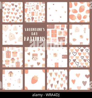 Сollection of seamless patterns on the theme of love in pink, purple, beige colors. Vector image for Valentine's Day, lovers, prints, clothes, textile Stock Vector