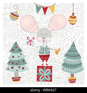 Chirstmas funny cartoon hand drawn mouse card in a flat and doodle style. Winter vector poster with cute New Year mice. Stock Vector