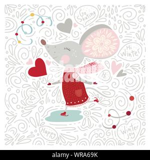 Chirstmas funny cartoon hand drawn mouse card in a flat and doodle style and text quotes. Winter vector poster with cute New Year mice. Stock Vector