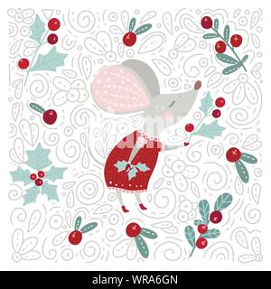 Chirstmas funny cartoon hand drawn dreaming mouse and holly pointsettia berry card in a flat and doodle style. Winter vector poster with cute New Year mice. Stock Vector