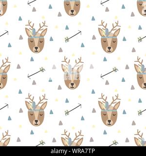 Seamless pattern cartoon deer and arrows in the boho style. Hand-drawn illustration using as a print, background, wrapping paper, postcard. Stock Vector