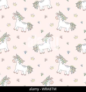 Seamless pattern of hand-drawn cartoon magical unicorns with diamonds and crowns. Vector background image for holiday, baby shower, prints, wrapping p Stock Vector