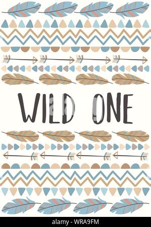Vector image of the inscription Wild one decorated of feathers, arrows and motifs in  Boho style. Cartoon illustration for use on postcards, posters, Stock Vector
