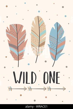 Vector image of feathers in the Boho style with the inscription Wild one. Cartoon illustration for use on postcards, banners, posters, prints on cloth Stock Vector