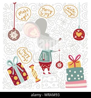 Chirstmas funny cartoon hand drawn mouse card in a flat and doodle style and quotes. Winter vector poster with cute New Year mice. Stock Vector