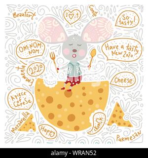 Chirstmas funny cartoon hand drawn mouse with cheese and text quotes card in a flat and doodle style. Winter vector poster with cute New Year mice. Stock Vector