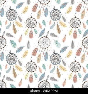 Seamless pattern of dreamcatchers and feathers in boho style. Hand-drawn cartoon illustration using as a print, background, wrapping paper, postcard. Stock Vector