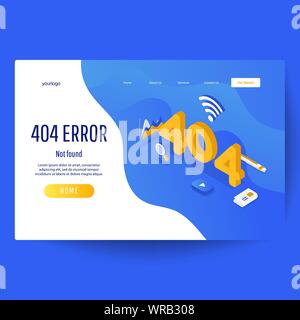 Error 404 unavailable web page. Isometric numbers 404 with diagram, errors and pen on a blue background. Stock Vector