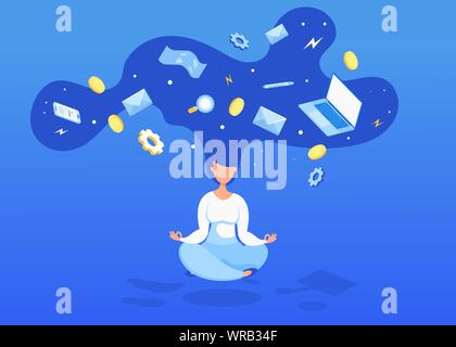 Business concept of time management, productivity and organization. Creative illustration of a levitating woman with coins, computers and a check. Stock Vector