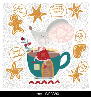 Chirstmas funny cartoon hand drawn mouse card in a flat and doodle style. Winter vector poster with cute New Year mice and cup house. Stock Vector
