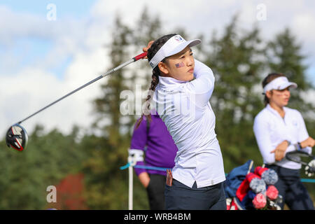 Gleneagles, UK. 10th September 2019. In the Tuesday morning foursomes played over the KIngs Course at Gleneagles, Perthshire, UK,  HANNAH DARLING from Midlothian Scotland partnered  ANNABELL FULLER, from England, now studying in Roehampton, USA played against SADIE ENGLEMANN, from Austin Texas, USA and LUCY LI from Stanford, California, USA with Darling/ Fuller winning 4 and 3. Image of Lucy Li. Credit: Findlay/Alamy News Stock Photo