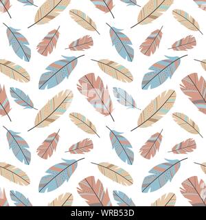 Seamless pattern of cartoon feathers in Boho style. Hand-drawn illustration in pink, blue and brown shades for use as print, background, wrapping pape Stock Vector