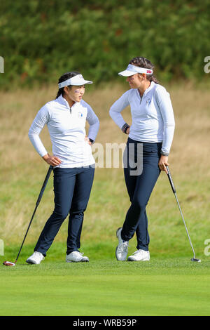 Gleneagles, UK. 10th September 2019. In the Tuesday morning foursomes played over the KIngs Course at Gleneagles, Perthshire, UK,  HANNAH DARLING from Midlothian Scotland partnered  ANNABELL FULLER, from England, now studying in Roehampton, USA played against SADIE ENGLEMANN, from Austin Texas, USA and LUCY LI from Stanford, California, USA with Darling/ Fuller winning 4 and 3. Image of Lucy Li and SAdie Englemann. Credit: Findlay/Alamy News Stock Photo