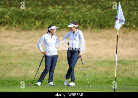 Gleneagles, UK. 10th September 2019. In the Tuesday morning foursomes played over the KIngs Course at Gleneagles, Perthshire, UK,  HANNAH DARLING from Midlothian Scotland partnered  ANNABELL FULLER, from England, now studying in Roehampton, USA played against SADIE ENGLEMANN, from Austin Texas, USA and LUCY LI from Stanford, California, USA with Darling/ Fuller winning 4 and 3. Image of Lucy Li and  Sadie Englemann. Credit: Findlay/Alamy News Stock Photo