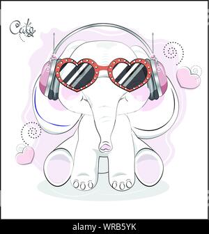 the lovely drawn baby elephant calf, in earphones and sunglasses. Can be used for t-shirt print, kids wear fashion design, baby shower, invitation car Stock Vector