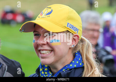 Gleneagles, UK. 10th September 2019. In the Tuesday morning foursomes played over the KIngs Course at Gleneagles, Perthshire, UK,  HANNAH DARLING from Midlothian Scotland partnered  ANNABELL FULLER, from England, now studying in Roehampton, USA played against SADIE ENGLEMANN, from Austin Texas, USA and LUCY LI from Stanford, California, USA with Darling/ Fuller winning 4 and 3.  Image of Annabell Fuller. Credit: Findlay/Alamy News Stock Photo