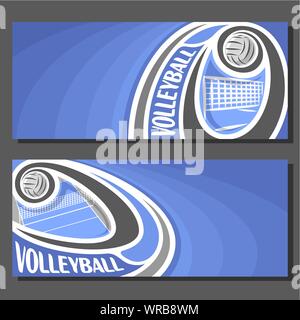 Vector banners for Volleyball game: thrown volleyball ball flying on curve trajectory above net on court on blue abstract background. Stock Vector