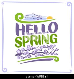 Vector poster for Spring: flock of birds flying in sunrise sky, green title text - hello spring, branch of tree with lilac cartoon flowers on white ba Stock Vector